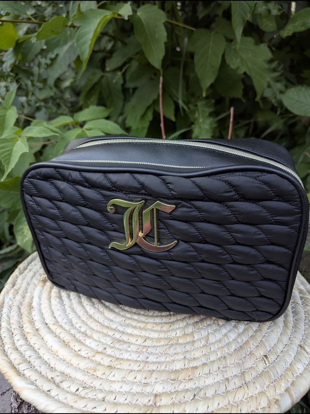 Y2K Glam Juicy Couture Black Quilted Cosmetic Bag Travel Makeup Case Logo